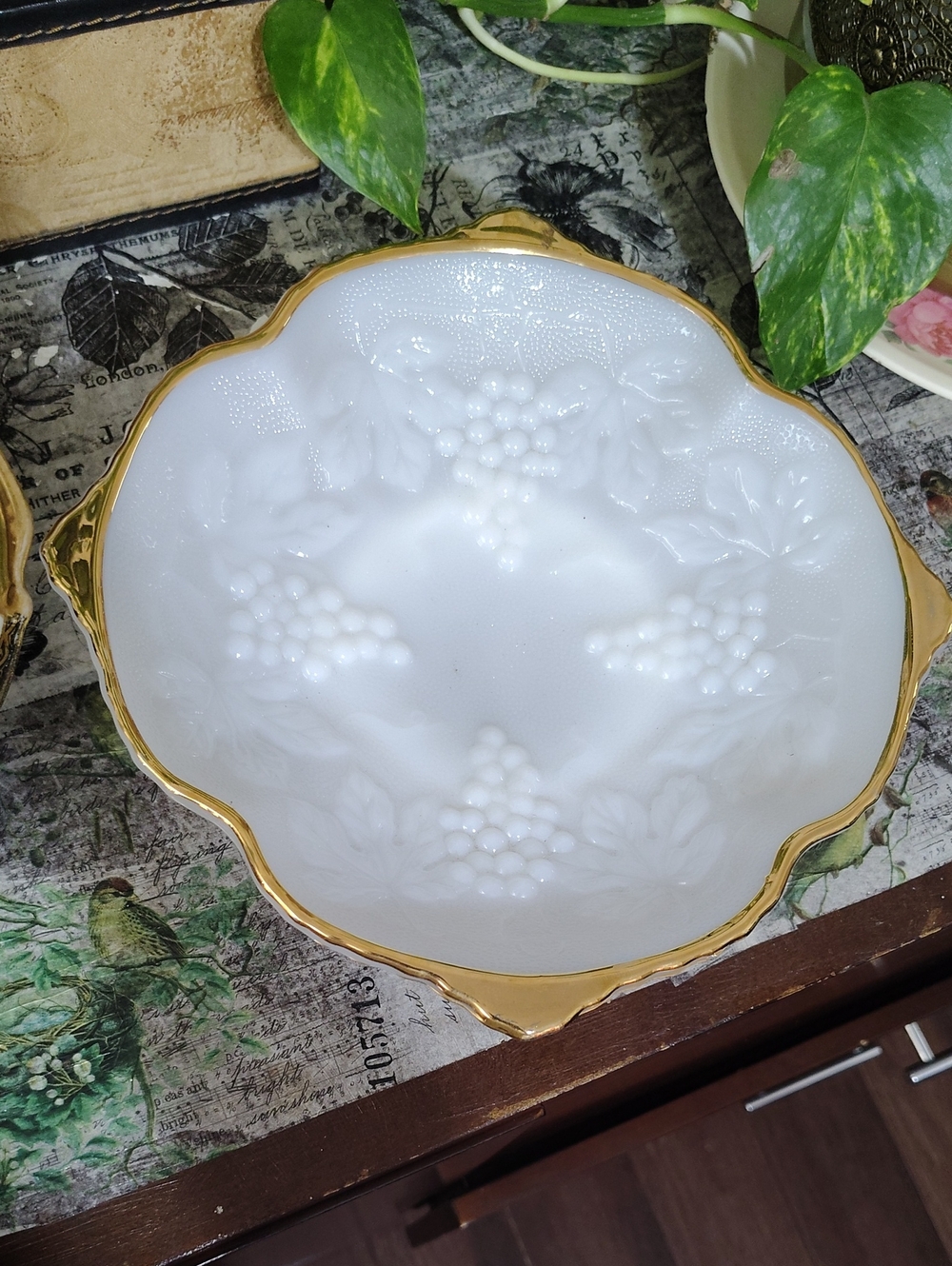 White Milk Glass Serving Bowl with Gold Trim - Elegant Fruit Motif